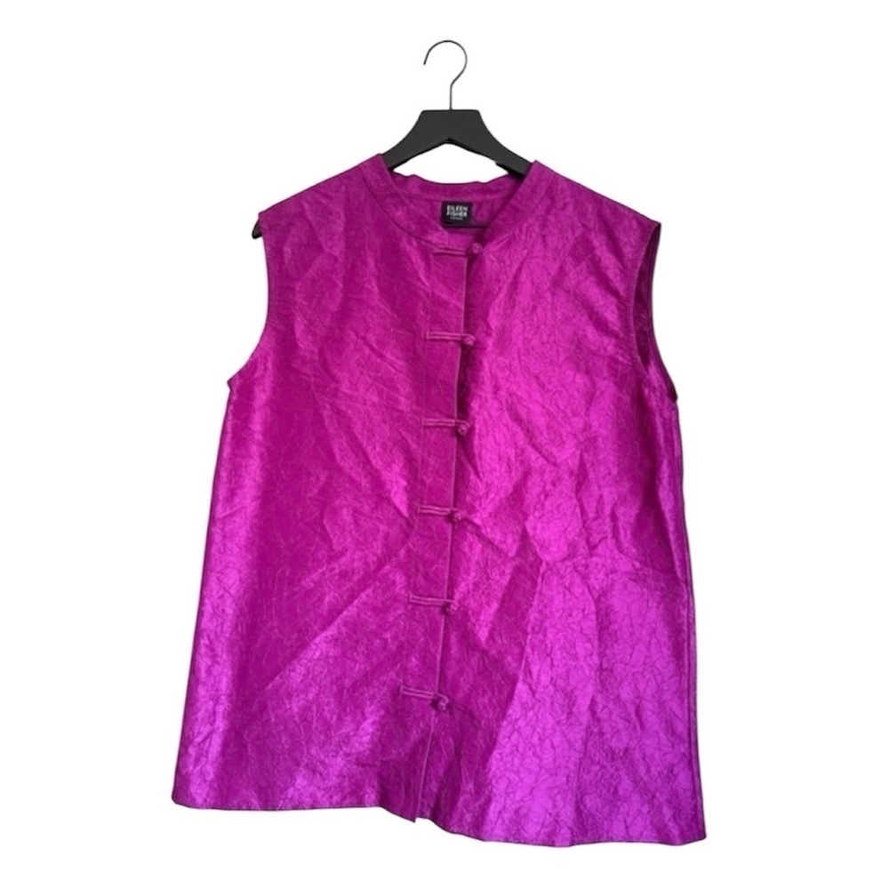 EILEEN FISHER Pink Crinkled Button-Down Sleeveless Blouse